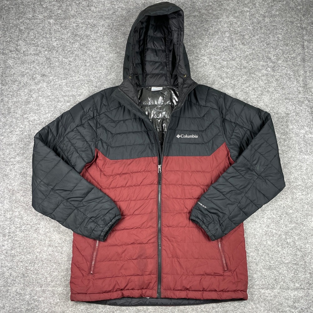 Columbia Puffer Jacket Mens Medium Black Red Omni-Heat Hooded Insulated XM9900